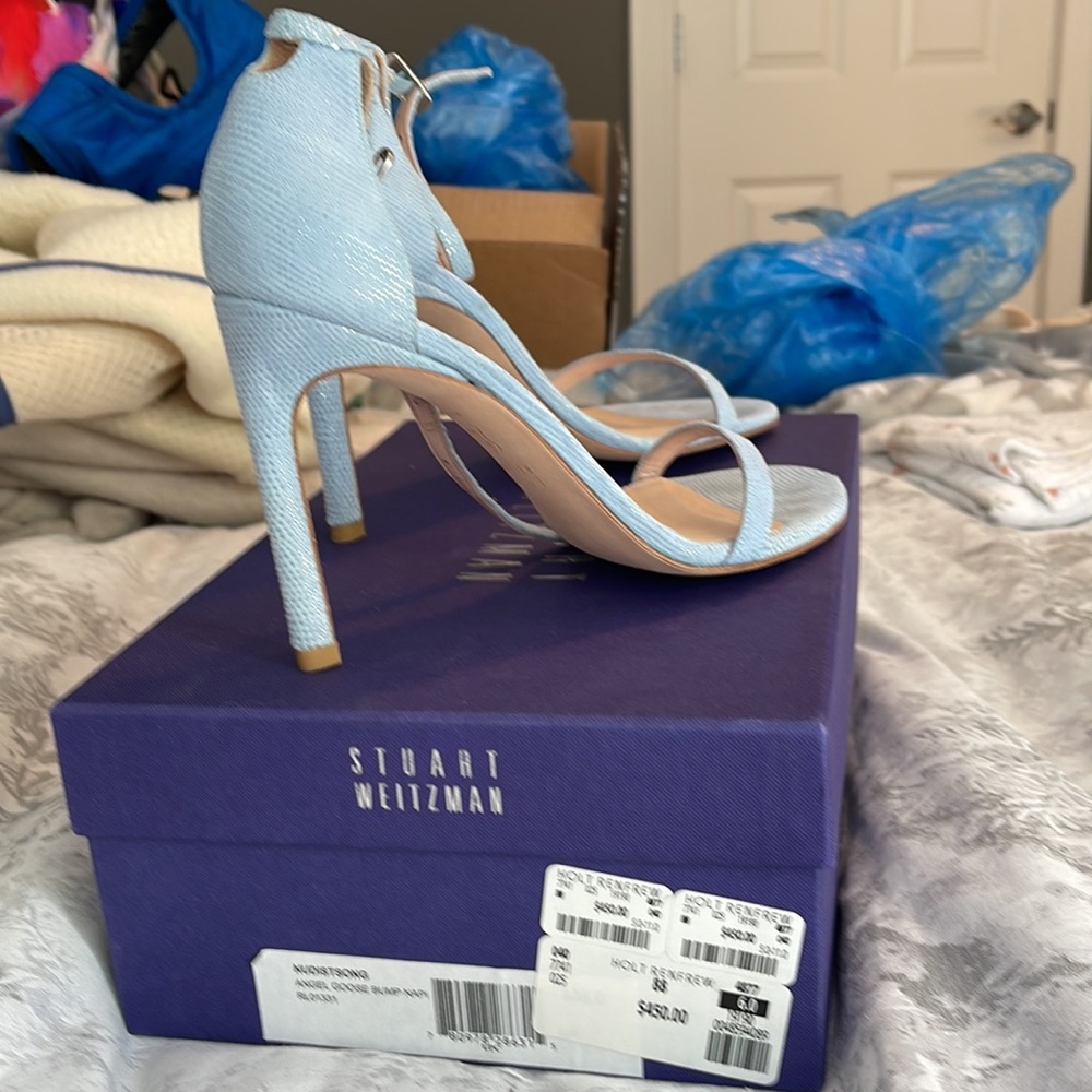 Stuart Weitzman Light Blue Textured Leather Ankle Strap Sandals